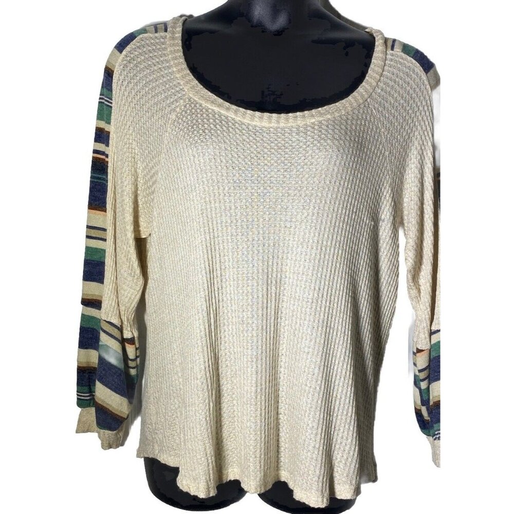 Daytrip Beige Thermal Large Top Mulit Color Striped Bubble Sleeve Southwest Boho